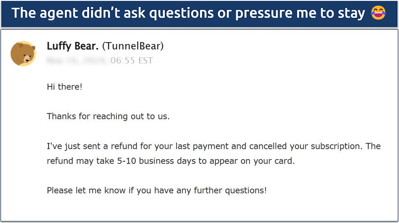 A screenshot showing TunnelBear offer refunds, albeit on a case-by-case basis