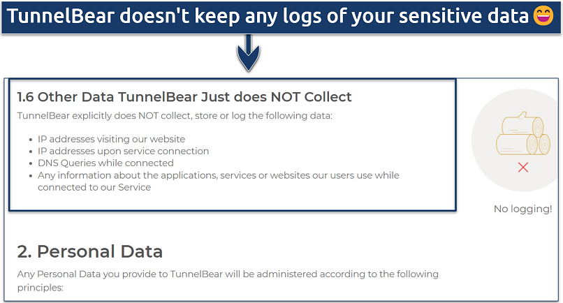 A screenshot showing TunnelBear doesn't holds on to sensitive information like IP addresses and DNS queries