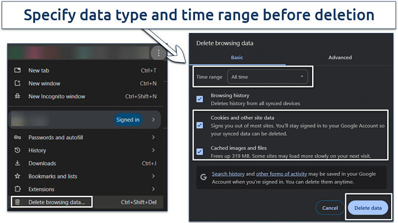 Screenshots showing how to delete cookies and browser data