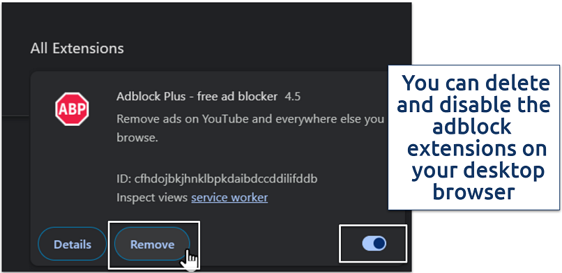 Screenshot showing ad block extension management tab