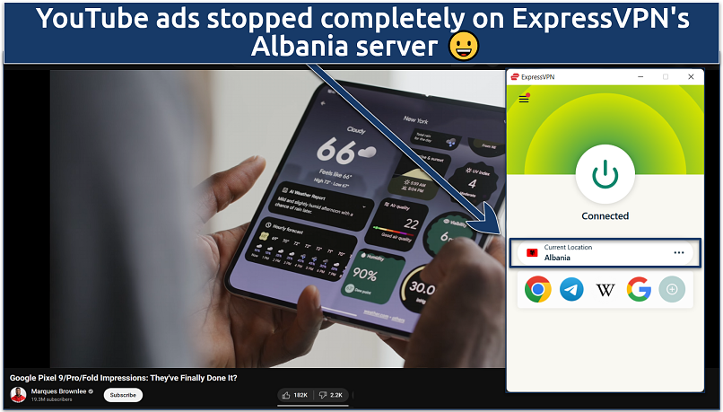 Screenshot showing Brownlee ad-free video on YouTube with ExpressVPN