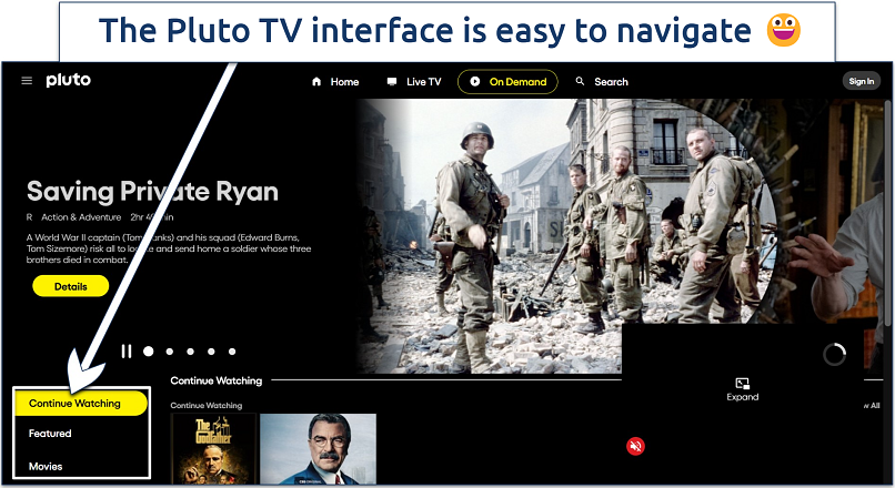 Image showing the main app interface of Pluto TV