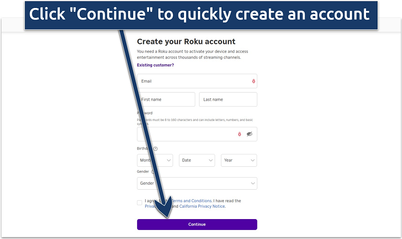 Image showing the sign up page for the Roku channel