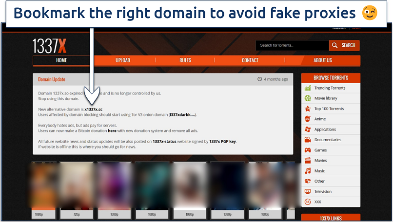 Screenshot of 1337x's homepage with information about the official and secondary domains