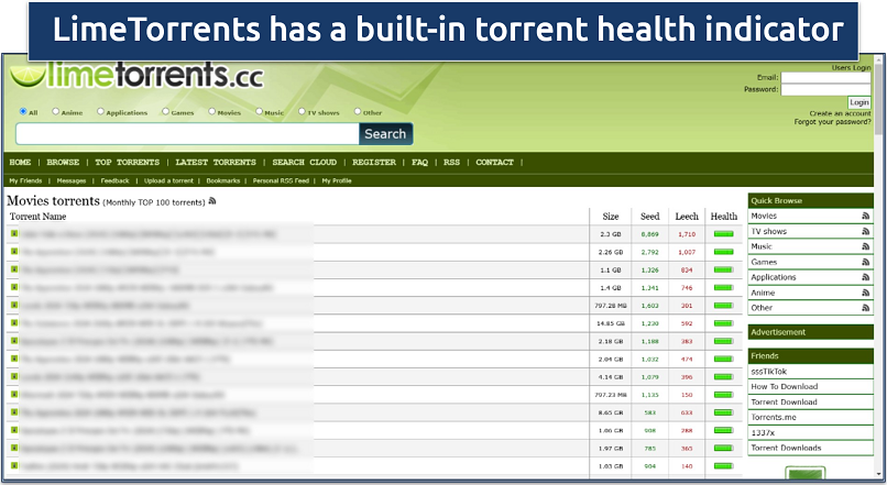 Screenshot of LimeTorrent's homepage