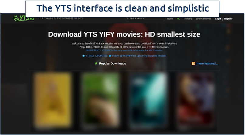 Screenshot of YTS's homepage 