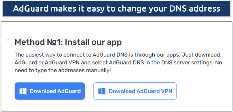 Screenshot of AdGuard DNS website with information about its DNS apps for Windows