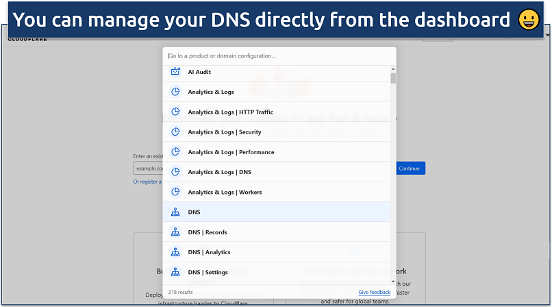 Screenshot of Cloudflare's dashboard with DNS records, settings, and analytics