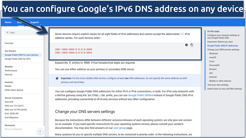 Screenshot of Google Public DNS IPv6 settings