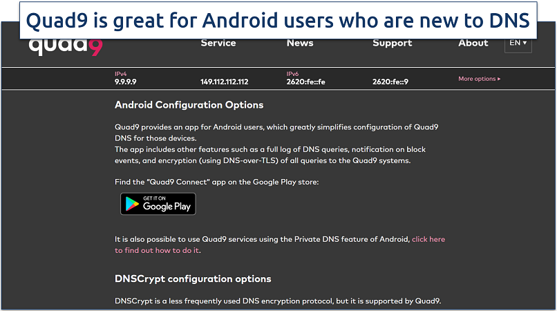 Screenshot of Quad9 website with information about Android setup