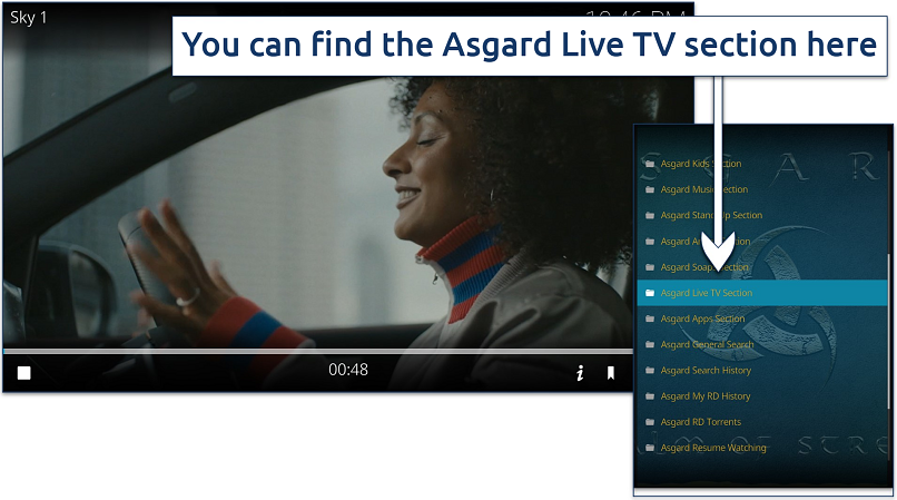 Screenshot of Asgard Kodi live TV addon categories and streaming Sky 1