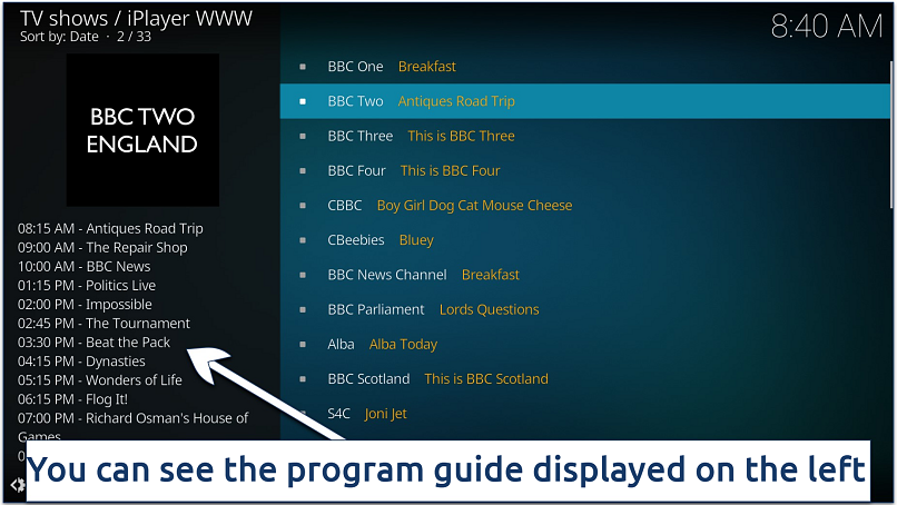 Screenshot of iPlayer WWW live TV Kodi addon with the list of live channels