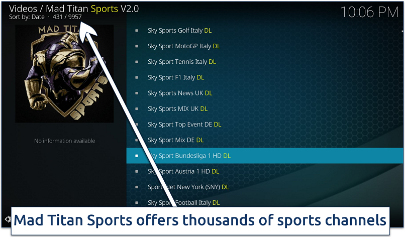 Screenshot of channel selection of Mad Titan Sports live TV Kodi addon