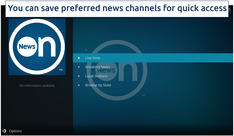 Screenshot of NewsOn Live TV Kodi addon categories