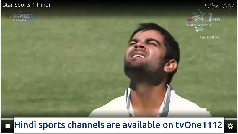 Screenshot of tvOne1112 Live TV Kodi addon playing Star Sports 1 Hindi channel live