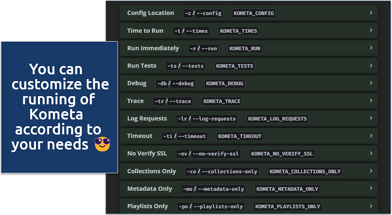 Screenshot of Kometa's run commands and environment variables