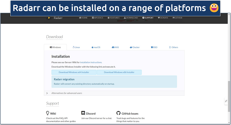 Screenshot of Radarr's installation instructions for Windows