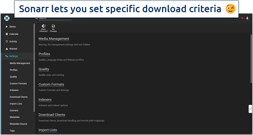 Screenshot of Sonarr's settings