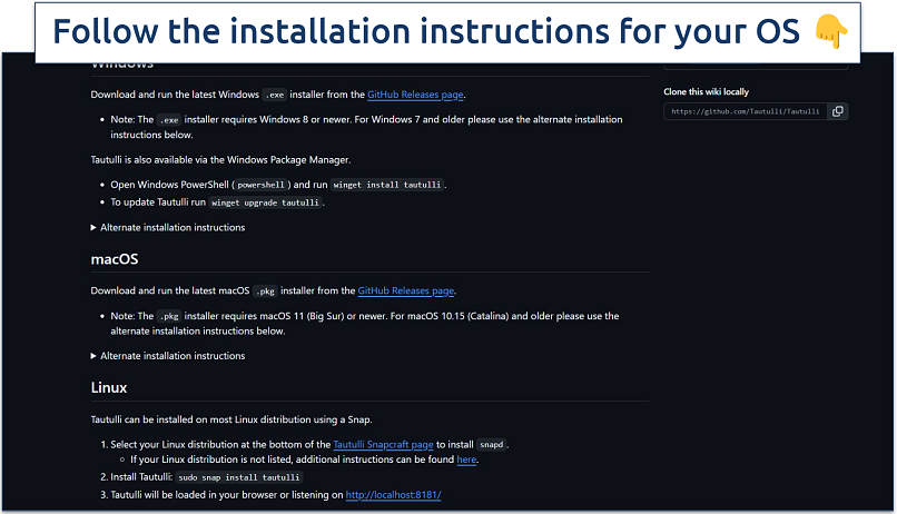 Screenshot of Tautulli's installation instructions for Windows, macOS, and Linux