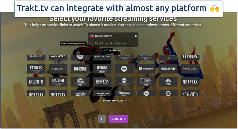 Screenshot of Trakt.tv's interface with the option to select streaming services