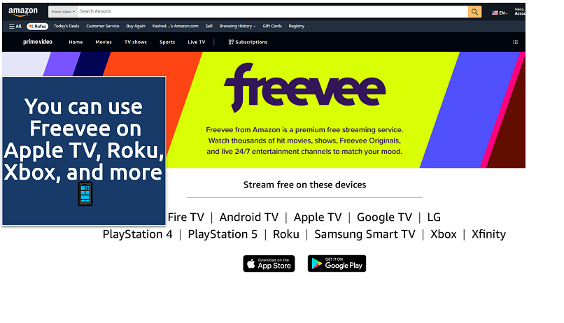 Screenshot showing freevee apps for streaming