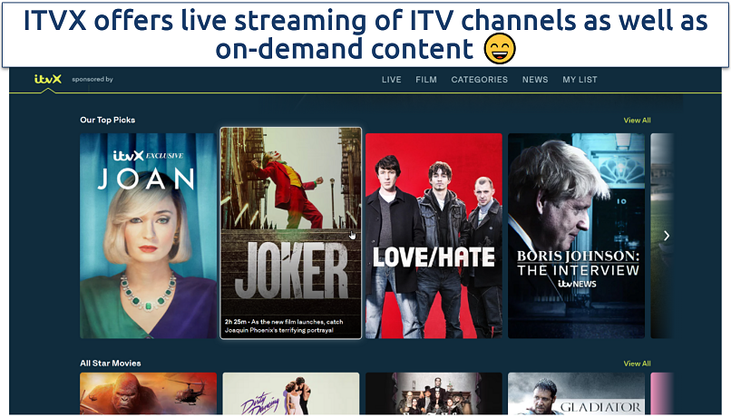 Screenshot showing ITVX free website homepage