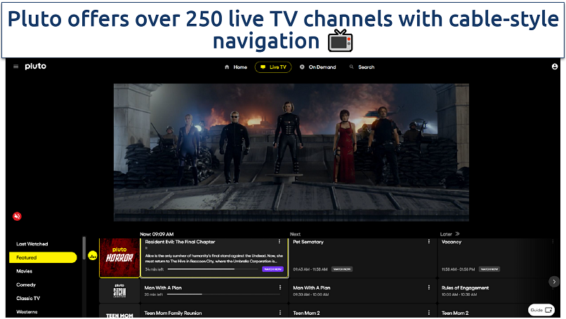 Screenshot showing Pluto TV with Resident Evil streaming