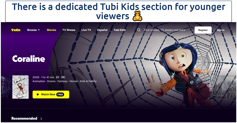 Screenshot showing Tubi with Coraline movie