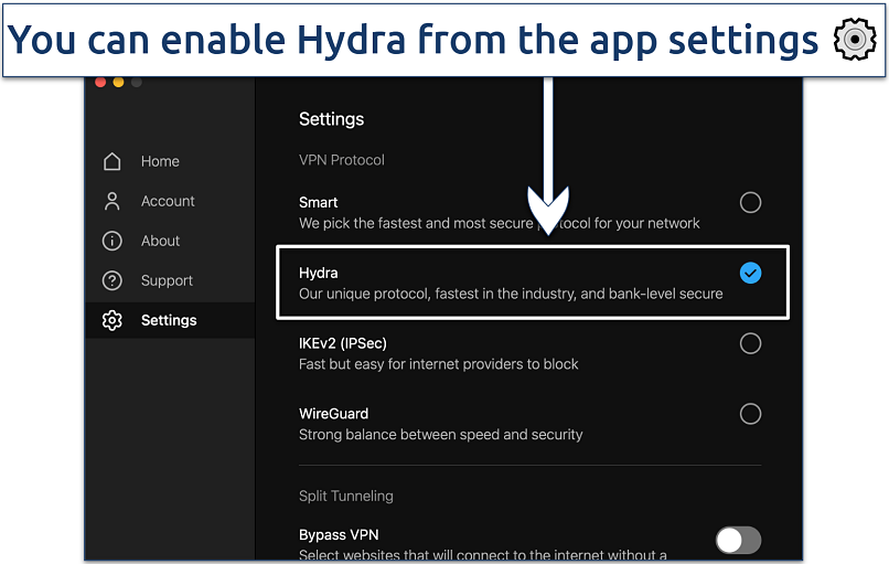 Screenshot showing how to enable Hotspot Shield's Hydra protocol