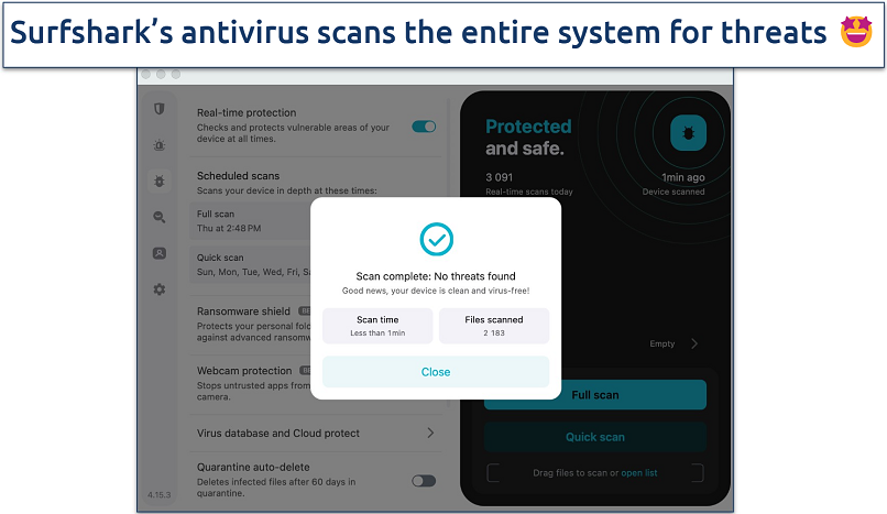 Screenshot of Surfshark's antivirus scan results