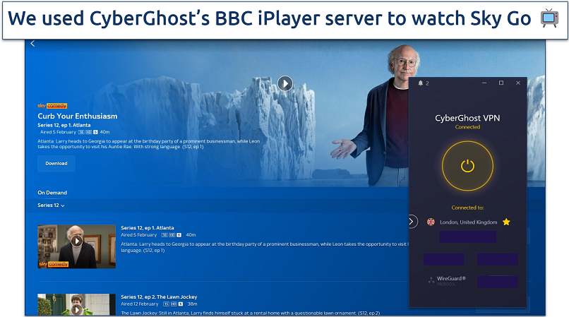 Screenshot of CyberGhost connected to BBC iPlayer server on Sky Go