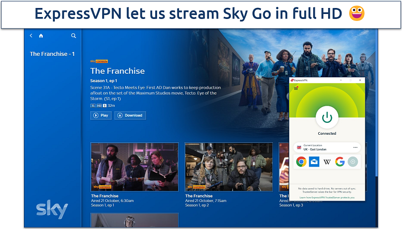 Screenshot of ExpressVPN on Sky Go with East London server