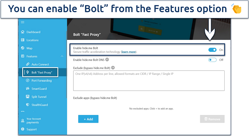 Screenshot showing how to enable Bolt Fast Proxy