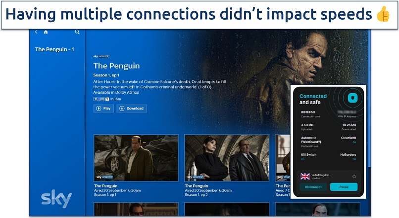 Screenshot of The Penguin on Sky Go with Surfshark connected