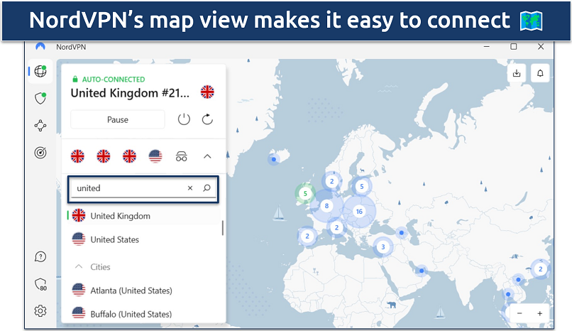 Screenshot of NordVPN's Windows app showing connection to United Kingdom server