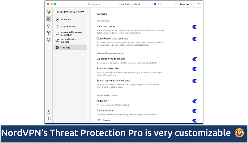 Screenshot showing the settings for NordVPN's Threat Protection Pro