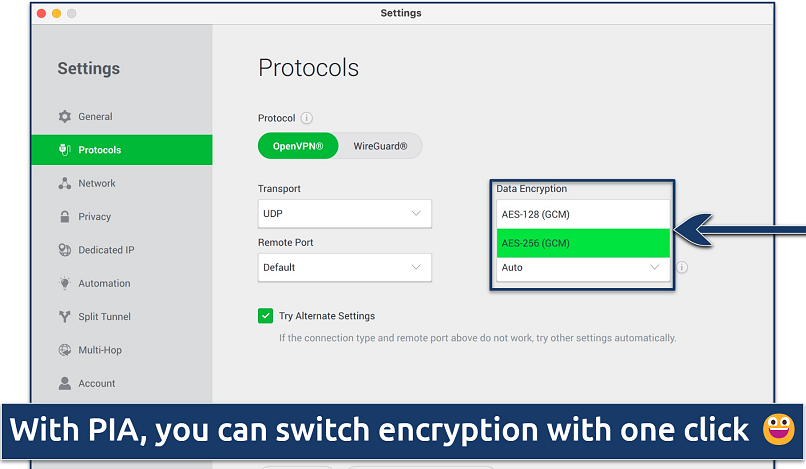 Screenshot showing the Protocols panel in PIA's Settings