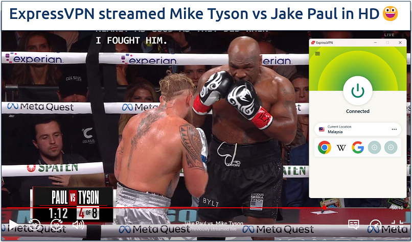 Screenshot of streaming Jake Paul vs Make Tyson boxing on Netflix while connected to ExpressVPN