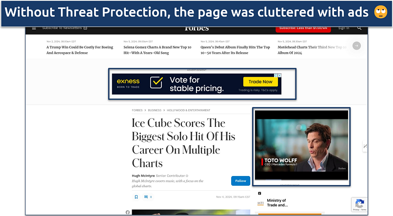 Screenshot of Forbes.com with lots of ads showing