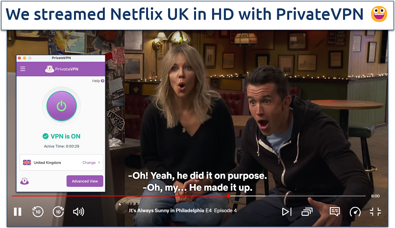 Screenshot of PrivateVPN streaming Netflix with UK server