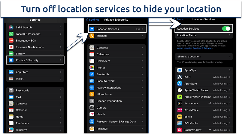 Screenshot of location services on iPhone