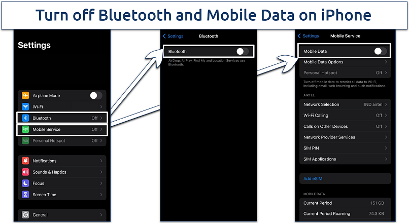 Screenshot of iPhone Bluetooth and Mobile Service screen