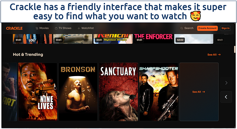 Screenshot showing Crackle page with hot releases