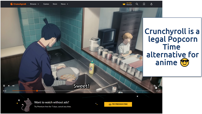 Screenshot showing Chainsaw Man on Crunchroll for free