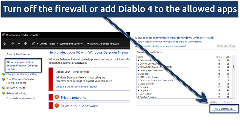 Screenshot showing how to add Diablo 4 to the firewall