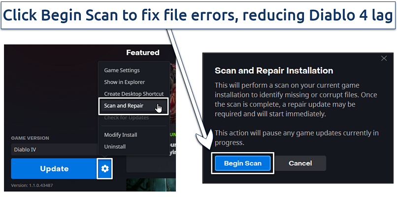 Pictures showing how to verify corrupt or missing files in Diablo 4