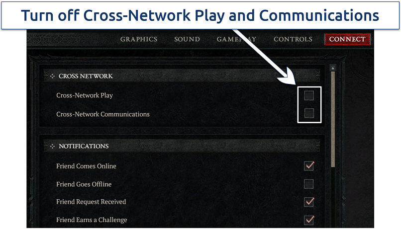 Screenshots showing cross network settings in Diablo 4