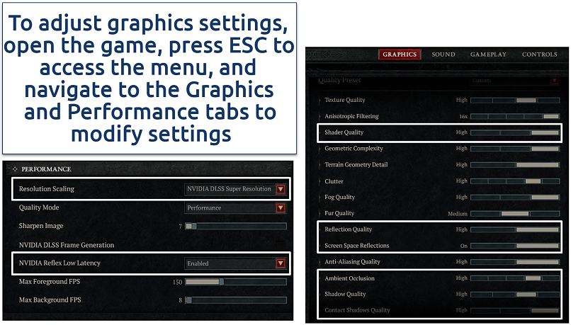 Screenshots of Diablo 4 graphical settings