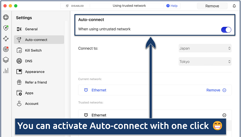 Screenshot showing the Settings panel on NordVPN