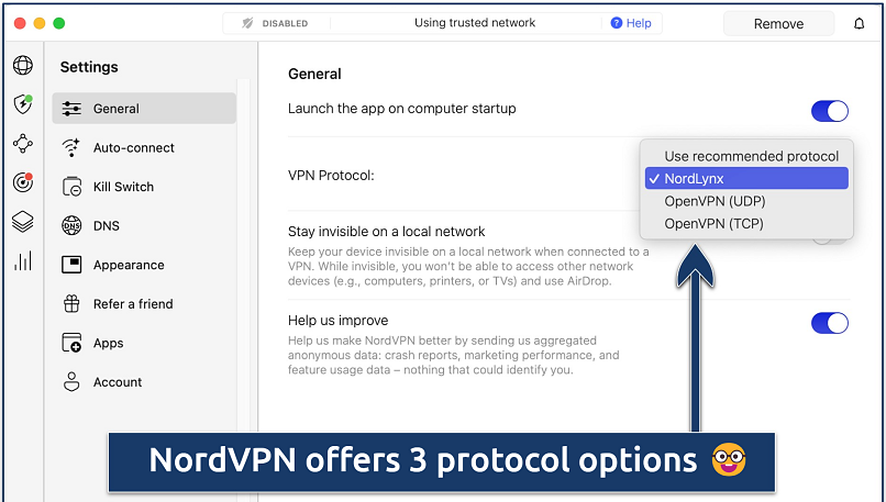 Screenshot showing the protocol options on the NordVPN app